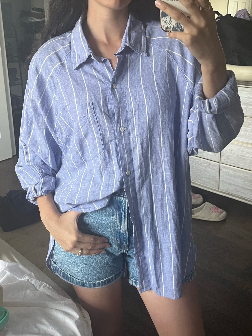 Aritzia Wilfred Free Linen Light Blue Stripe Button-Up Shirt -Women's Casual Top